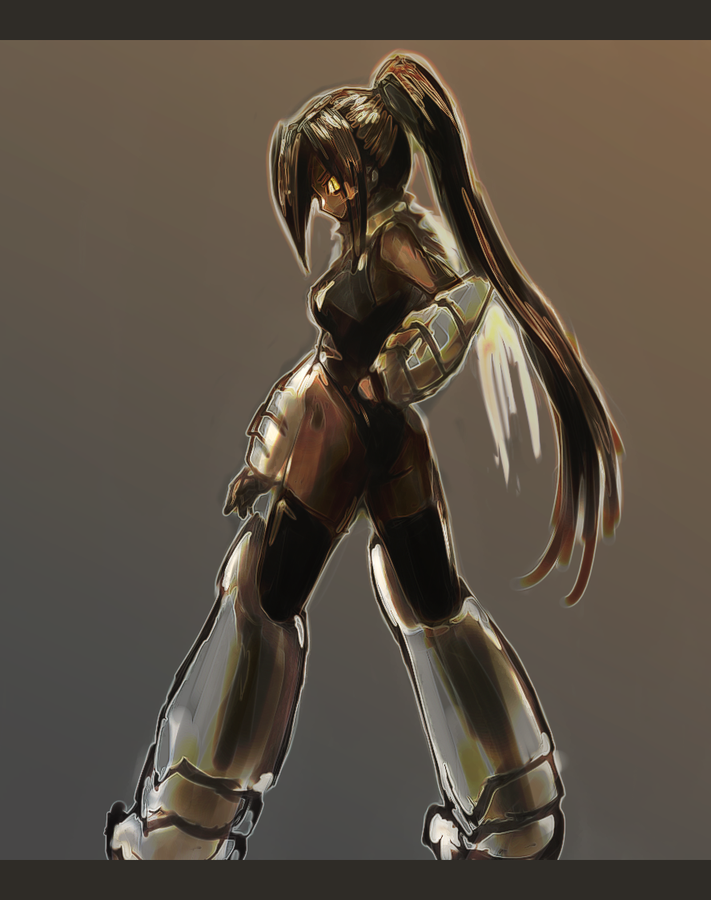 1girl armor armored_boots bangs black_hair black_legwear bleach boots dark_skin from_behind full_body gauntlets gradient gradient_background highleg knee_boots leotard long_hair long_ponytail looking_at_viewer looking_back marisaski ponytail shihouin_yoruichi shiny shiny_hair solo standing thighhighs very_long_hair yellow_eyes