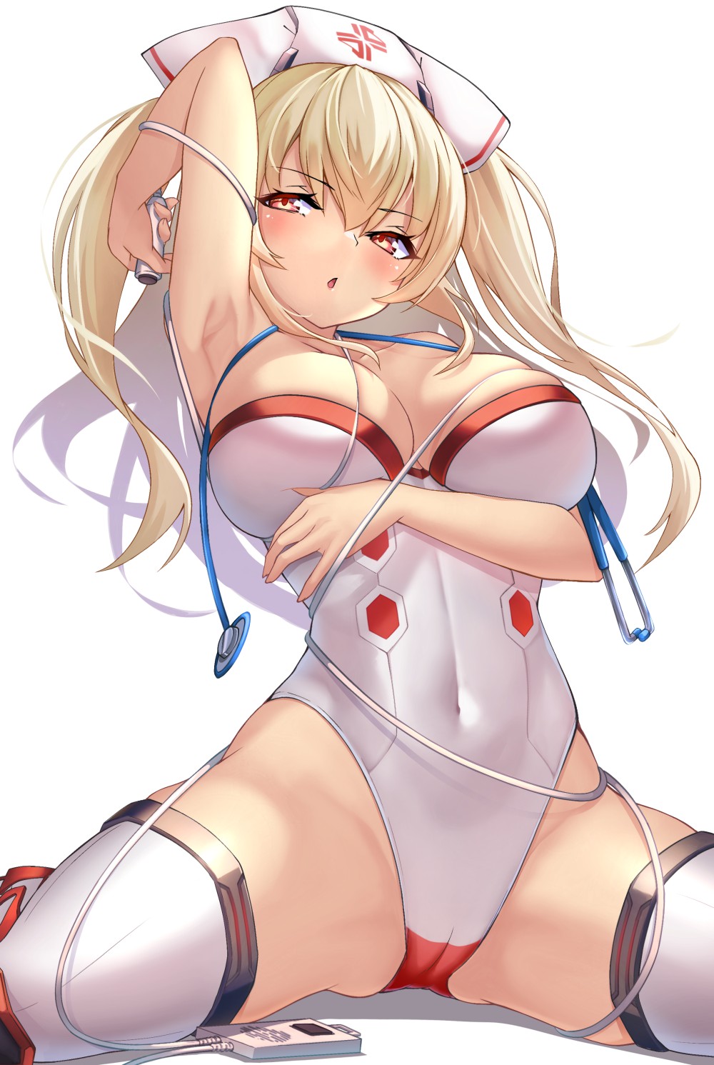 1girl :o arm_under_breasts arm_up armpits avatar_(pso2) bangs blonde_hair blush breast_press breasts breasts_out cameltoe commentary_request commission covered_navel hair_between_eyes hat heart heart-shaped_pupils heart_tattoo highres holding large_breasts leotard long_hair looking_at_viewer numako_(pizza_kanon) nurse nurse_cap orange_eyes original parted_lips phantasy_star phantasy_star_online_2 pubic_tattoo red_eyes rikiddo_(tise_00) second-party_source sitting skeb_commission skin_tight skindentation solo spread_legs stethoscope symbol-shaped_pupils tattoo thighhighs thighs topless twintails underwear valgiris wariza white_background white_headwear white_leotard white_thighhighs