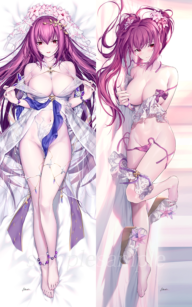 1girl alternate_costume bangs bare_shoulders barefoot blush bracelet breasts cleavage closed_mouth dakimakura_(medium) fate/grand_order fate_(series) feet flower full_body hair_flower hair_ornament highres jewelry kousaki_rui large_breasts legs looking_at_viewer lying navel off_shoulder on_back on_side parted_lips purple_eyes purple_hair scathach_(fate) scathach_skadi_(fate) scathach_skadi_(swimsuit_ruler)_(fate) signature smile thighs toes