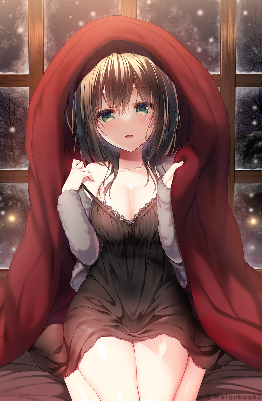 1girl bangs bare_shoulders black_dress breasts brown_hair cleavage collarbone dress green_eyes highres indoors large_breasts legs_together light_blush looking_at_viewer medium_hair night on_bed open_mouth original sidelocks sitting sleeveless sleeveless_dress smile snowing solo thighs wariza window yuzuna_hiyo