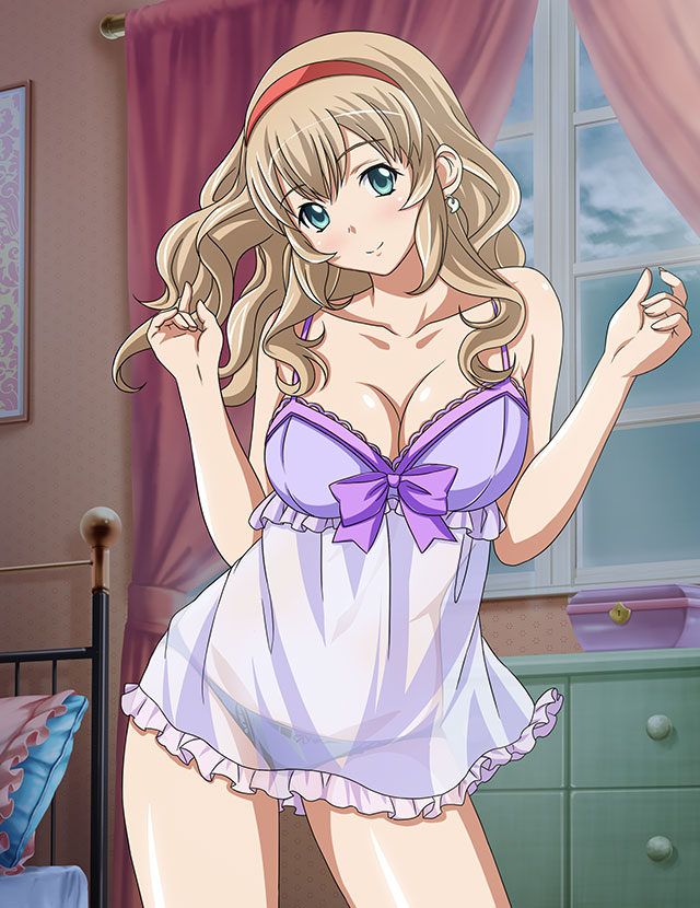 1girl bangs bare_arms bedroom blue_eyes breasts cleavage closed_mouth collarbone contrapposto cowboy_shot dress earrings frilled_dress frills hair_between_eyes hairband head_tilt ikkitousen indoors jewelry large_breasts light_brown_hair lingerie long_hair looking_at_viewer magatama magatama_earrings nightgown panties red_hairband see-through see-through_dress shiny shiny_hair short_dress sleepwear sleeveless sleeveless_dress smile solo sonken_chuubou standing underwear very_long_hair
