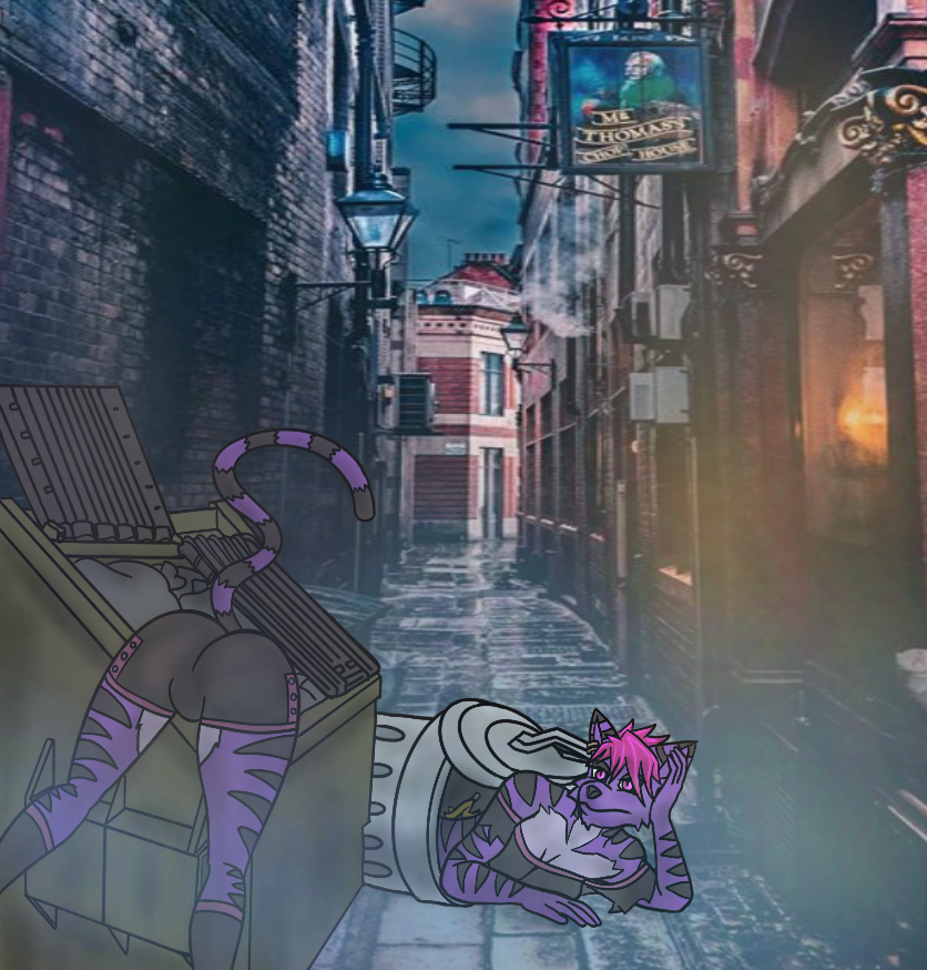 alice_in_wonderland alley anthro cheshire_cat clothed clothing domestic_cat felid feline felis female fur gynomorph hair intersex intersex/female mammal serissa serissa_the_cheshire_cat solo