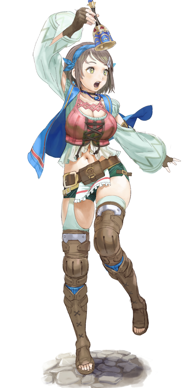 1girl armor bangs bell belt blue_vest boots breasts brown_gloves brown_hair buckle cleavage conto cross-laced_clothes fingerless_gloves full_body gloves green_eyes hair_ornament hairclip head_scarf highres looking_away navel nina_deforges open_mouth short_hair short_shorts shorts skindentation solo standing standing_on_one_leg star_ocean star_ocean_the_divine_force swept_bangs thigh_boots toeless_footwear vest white_background wide_sleeves zettai_ryouiki