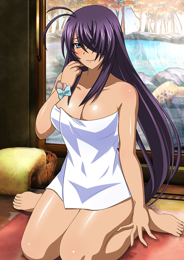 1girl antenna_hair bare_arms bare_legs barefoot blue_bow bow breasts cleavage closed_mouth collarbone grey_eyes hair_over_one_eye ikkitousen indoors kan'u_unchou large_breasts long_hair looking_at_viewer naked_towel purple_hair shiny shiny_hair shiny_skin sitting smile solo towel very_long_hair wariza