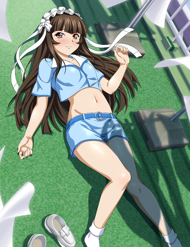 1girl bangs belt blue_belt blue_jacket blue_skirt blunt_bangs blush bow brown_eyes brown_hair closed_mouth cropped_jacket feet_out_of_frame groin hair_bow hair_ribbon ikkitousen jacket long_hair lying midriff miniskirt navel on_back pencil_skirt ribbon shiny shiny_hair shiny_skin short_sleeves skirt socks solo stomach ten'i_(ikkitousen) very_long_hair white_bow white_ribbon white_socks