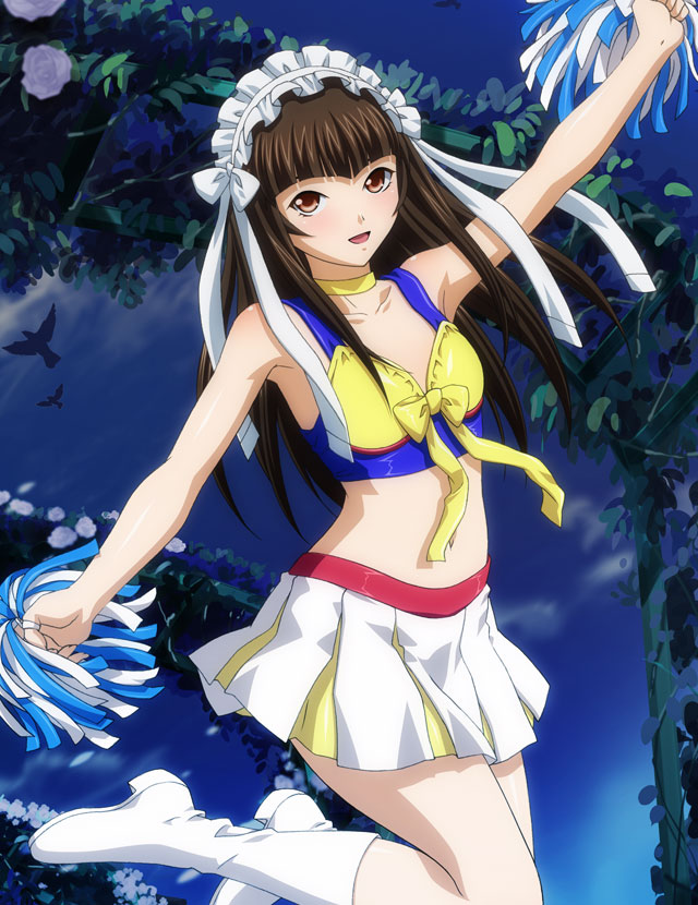 1girl :d bangs bare_arms blunt_bangs boots bow brown_eyes brown_hair cheerleader choker collarbone flat_chest floating_hair hair_bow hair_ribbon ikkitousen jumping knee_boots long_hair looking_at_viewer midriff miniskirt navel open_mouth pleated_skirt pom_pom_(cheerleading) ribbon shiny shiny_hair skirt smile solo stomach ten'i_(ikkitousen) white_bow white_footwear white_ribbon white_skirt yellow_choker