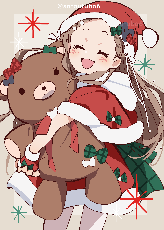 1girl :d aoba_kokona back_bow bow braid braided_bangs brown_hair capelet christmas closed_eyes commentary cowboy_shot dress facing_viewer fur-trimmed_capelet fur-trimmed_dress fur_trim green_bow hat holding holding_stuffed_toy iihoneikotu long_hair open_mouth oversized_object red_capelet red_headwear santa_dress santa_hat short_dress smile solo sparkle standing stuffed_animal stuffed_toy teddy_bear twitter_username yama_no_susume
