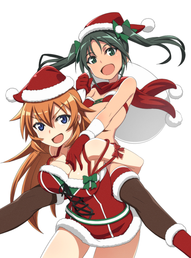 2girls :d bangs bikini black_eyes black_hair black_thighhighs blue_eyes boots bow breasts carrying charlotte_e._yeager christmas cleavage commentary dark-skinned_female dark_skin dress francesca_lucchini fur-trimmed_bikini fur-trimmed_dress fur_trim gloves green_bow hair_bow hand_on_another's_shoulder hat holding holding_sack leaning_forward long_hair looking_at_viewer medium_breasts medium_hair microdress multiple_girls nanashino open_mouth orange_hair over_shoulder piggyback red_bikini red_dress red_footwear red_gloves red_headwear sack santa_bikini santa_boots santa_dress santa_gloves santa_hat small_breasts smile spaghetti_strap standing strapless strapless_bikini strike_witches swimsuit thighhighs twintails world_witches_series