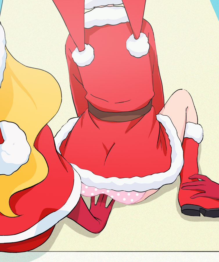 2girls ass christmas from_behind gloves haruyama_kazunori hat long_hair multiple_girls panties polka_dot polka_dot_panties red_gloves santa_costume santa_hat short_hair underwear