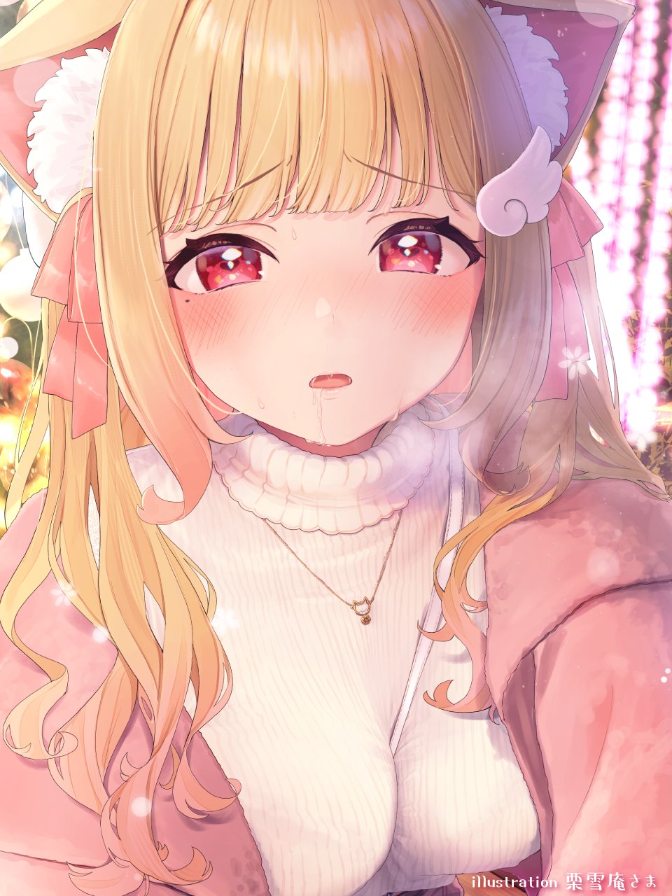 1girl animal_ear_fluff animal_ears bangs between_breasts blush breasts breath cat_ears cat_girl christmas highres jacket kemomimi_refle! kuyukian3 large_breasts long_hair looking_at_viewer nekoma_karin open_clothes open_jacket pink_jacket pink_ribbon red_eyes ribbon saliva second-party_source snowing solo strap_between_breasts sweater upper_body virtual_youtuber white_sweater wing_hair_ornament