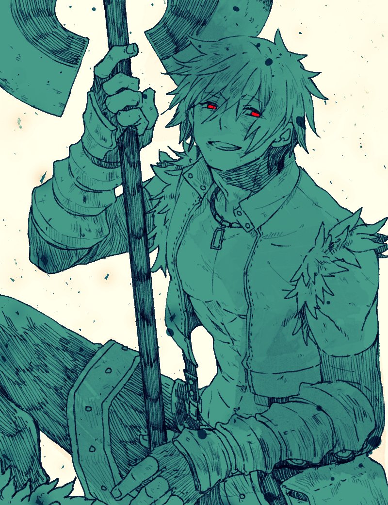 1boy abs axe bangs belt bio_lab commentary_request crop_top elbow_gloves feet_out_of_frame fingerless_gloves fur-trimmed_shirt fur_trim gloves green_theme grin hair_between_eyes holding holding_axe howard_alt-eisen jewelry looking_at_viewer male_focus necklace pants pouch ragnarok_online red_eyes shirt short_hair simple_background smile solo spot_color tokio_(okt0w0) vambraces whitesmith_(ragnarok_online)