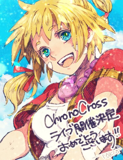 1girl :d bangs bead_necklace beads blonde_hair blue_eyes blue_sky breasts chrono_cross cleavage cloud commentary_request crop_top facepaint jewelry kid_(chrono_cross) long_hair looking_at_viewer medium_breasts necklace open_clothes open_mouth open_shirt red_shirt shirt sky smile solo tank_top teeth tokio_(okt0w0) twintails upper_body upper_teeth_only white_tank_top