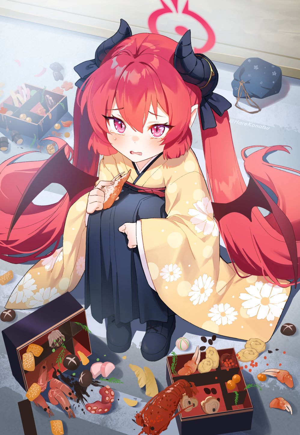 1girl bangs bento black_bow black_footwear black_skirt blue_archive blush bow crab_claw crying crying_with_eyes_open demon_wings floral_print food food_request hair_between_eyes hair_bow halo highres holding holding_food horns hugging_own_legs japanese_clothes junko_(blue_archive) junko_(new_year)_(blue_archive) kimono kinchaku knees_to_chest konatsu_hare lobster long_hair long_skirt looking_at_viewer low_wings mushroom on_ground open_mouth pink_eyes pointy_ears pouch red_hair roe shrimp sidelocks skirt solo spill squid tears tentacles twintails twitter_username very_long_hair wings yellow_kimono