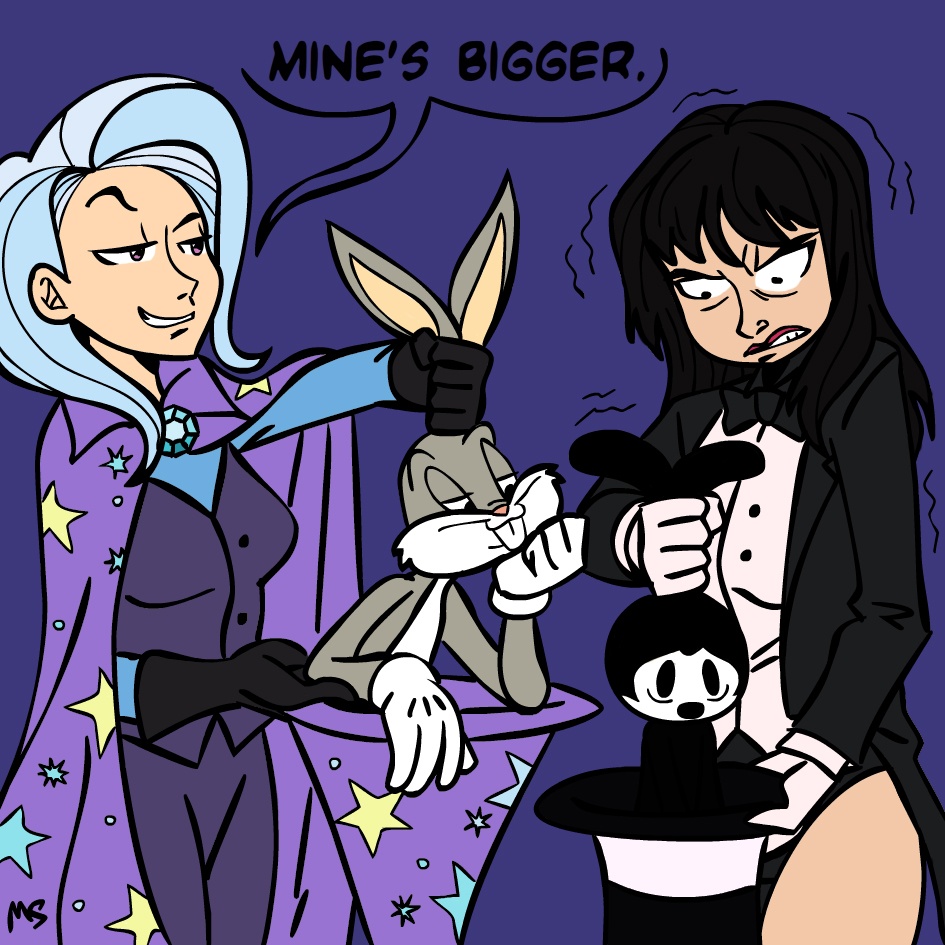 2012 alternate_species angry anthro bugs_bunny clothed clothing crossover dc_comics dialogue digital_drawing_(artwork) digital_media_(artwork) disney dreamworks_smirk english_text female flat_colors friendship_is_magic group hasbro hat headgear headwear human humanized lagomorph leotard leporid looking_at_another looney_tunes magic_trick magical_girl_outfit magician male mammal megasweet my_little_pony oswald_the_lucky_rabbit purple_background rabbit simple_background smug text top_hat trixie_(mlp) unimpressed warner_brothers wizard_hat zatanna