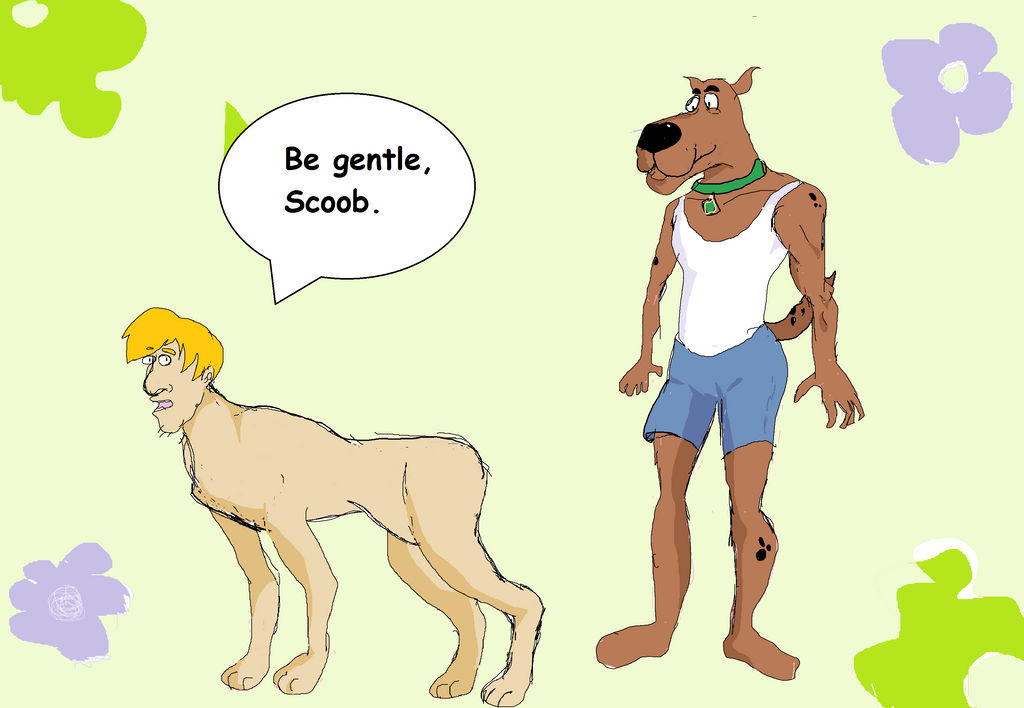 anthro bottomwear brown_body brown_fur canid canine canis clothing domestic_dog duo feral fur great_dane hanna-barbera human humanoid imminent_sex krappykinx male male/male mammal mastiff molosser role_reversal scooby-doo scooby-doo_(series) shaggy_rogers shirt shorts tank_top text topwear transformation white_body why