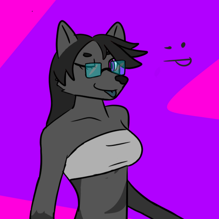 bandeau black_hair blep blue_tongue breasts canid canine canis clothed clothing eyewear female fox glasses grey_body hair lefuzzy556 mammal medium_breasts one_eye_closed purple_eyes solo tongue tongue_out topwear tube_top wink wolf