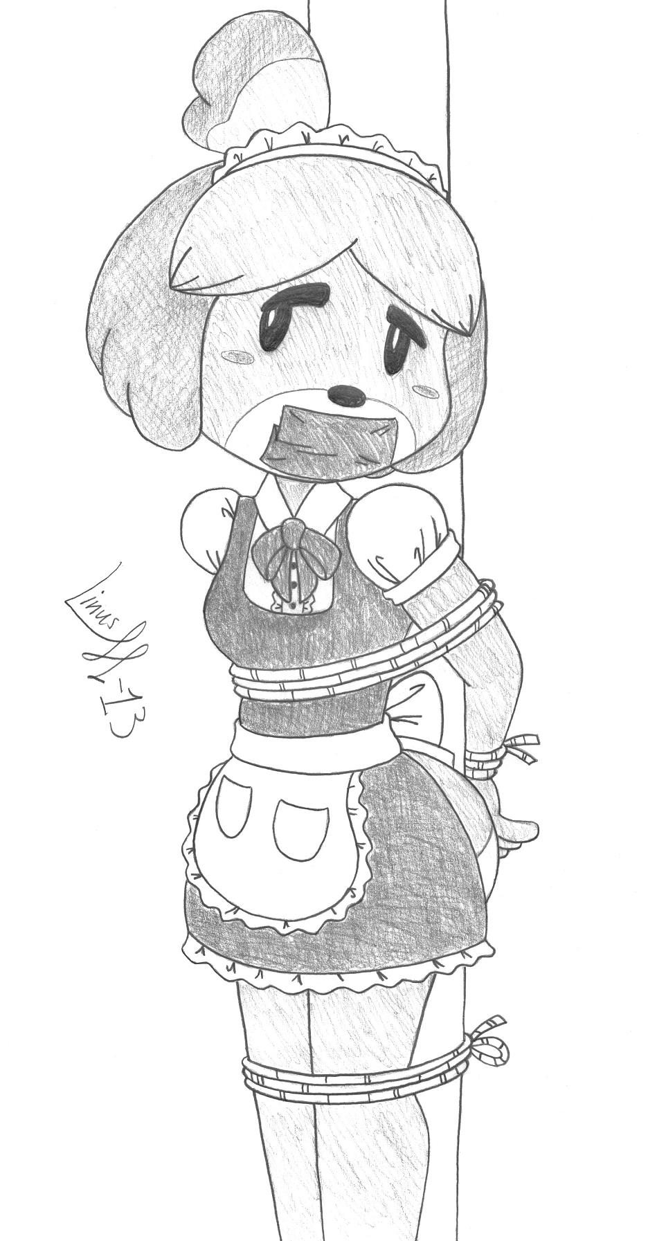 2013 animal_crossing anthro arms_tied artist_name bdsm biped bondage bound bound_and_gagged canid canine canis clothed clothing domestic_dog door female gag gagged graphite_(artwork) greyscale hands_behind_back hi_res isabelle_(animal_crossing) legs_tied limpurtikles maid_apron maid_headdress maid_uniform mammal monochrome nintendo partially_clothed pencil_(artwork) restraints rope rope_bondage shih_tzu signature solo sound_effects tape tape_gag tied_to_pole toy_dog traditional_media_(artwork) uniform