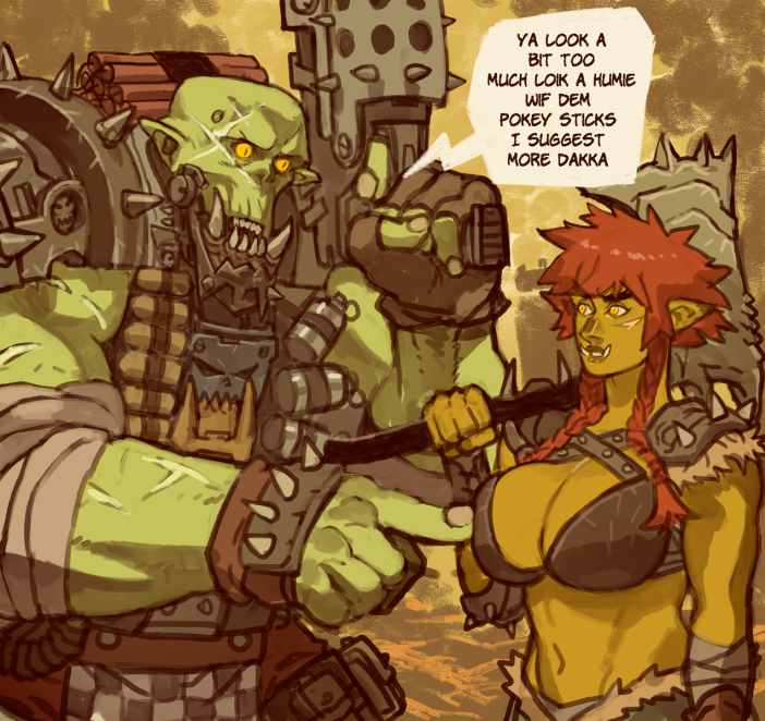 armor bra braided_hair braided_ponytail breasts broken_english cleavage clothed clothing dialogue duo dynamite english_text engrish explosives female green_body green_skin grenade gun hair hammer handgun humanoid imperatorofpuns larger_male male male/female muscular muscular_humanoid muscular_male navel orc ork pistol ponytail ranged_weapon red_hair scar scars_all_over size_difference smaller_female speech_bubble spiked_armor spikes standing text tools touching_breast tusks underwear warhammer_(franchise) warhammer_40000 weapon