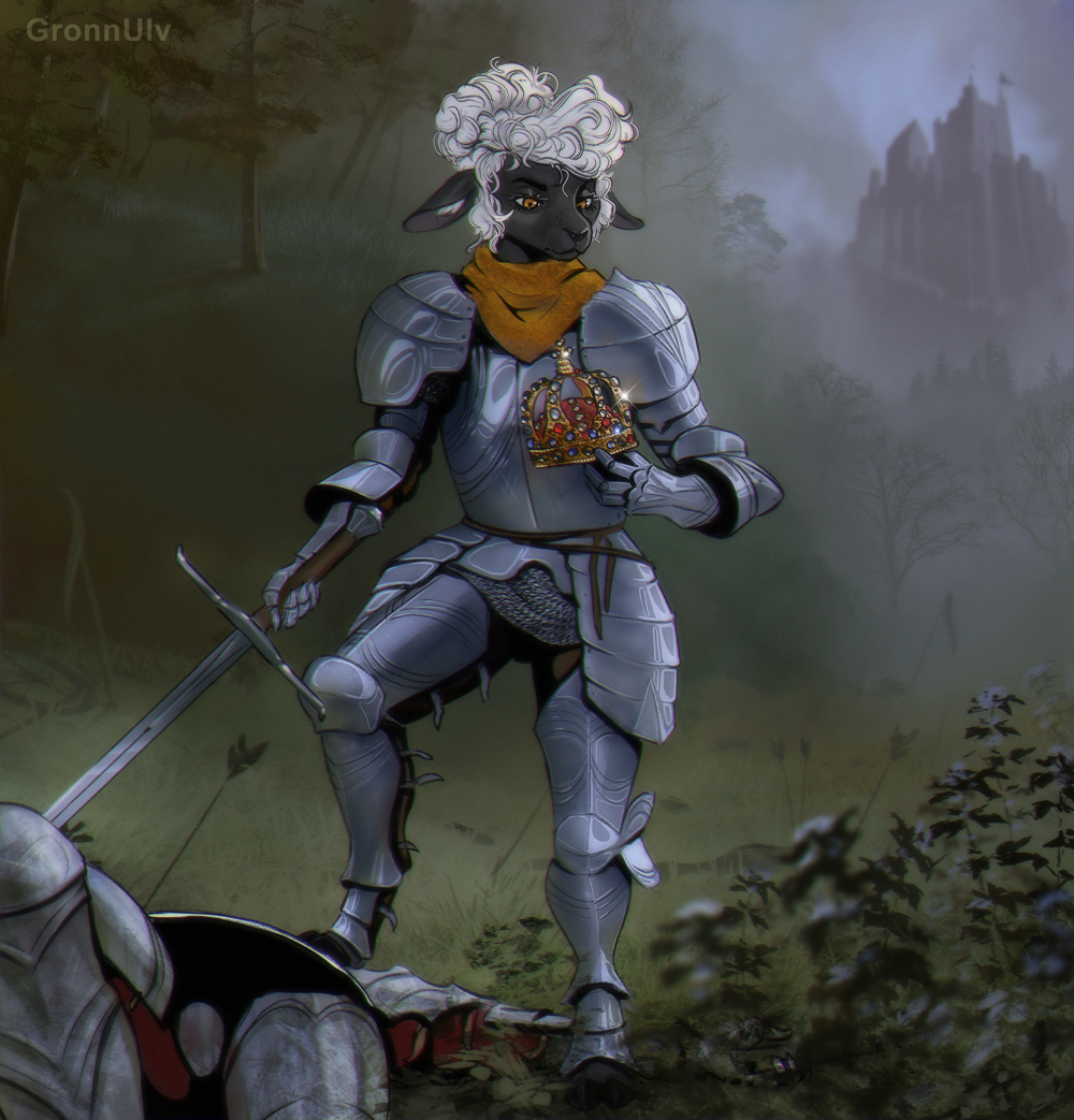 anthro arrow_(weapon) battlefield black_body bovid brown_eyes caprine castle crown curled_hair detailed_background female gronnulv hair hooves knight knight_armor mammal medieval medieval_armor melee_weapon orange_eyes orange_scarf plant ranged_weapon scarf sheep short_hair shrub solo standing sword tree unguligrade_legs warrior weapon white_hair