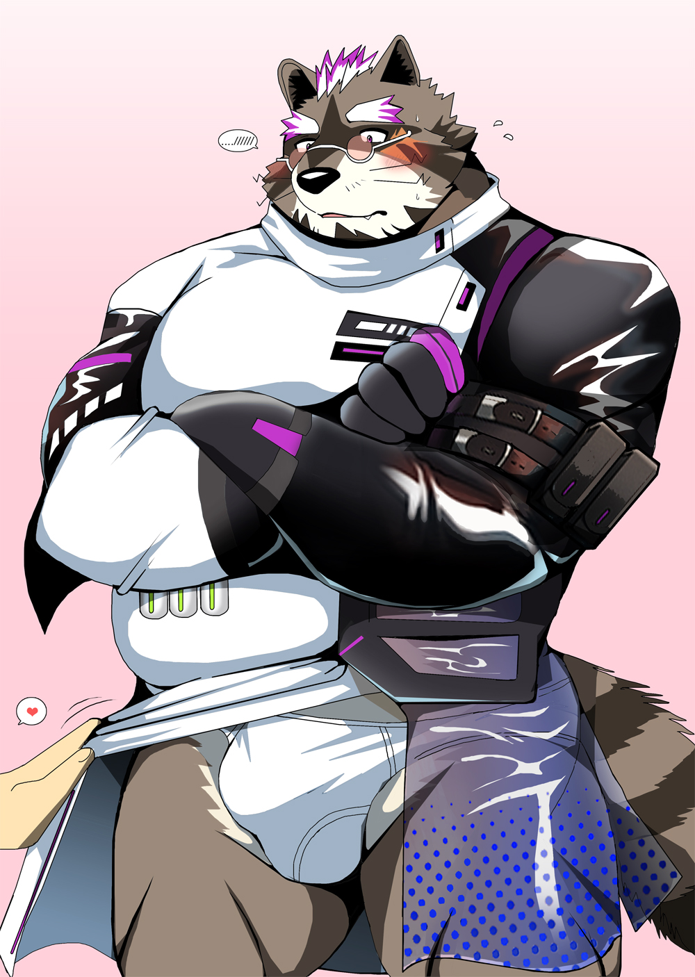 &lt;3 2022 anthro bearlovestiger13 blush bulge clothing detailed_bulge eyewear glasses hi_res kemono lifewonders live_a_hero male mammal overweight overweight_male procyonid raccoon simple_background solo_focus underwear viscunam