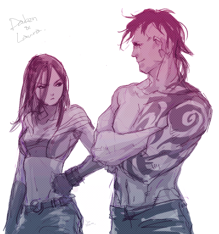 1boy 1girl age_difference akihiro_howlett belt crossed_arms daken dark_wolverine family fingerless_gloves frown gloves laura_kinney marvel midriff monochrome muscle siblings simple_background size_difference tattoo transparent_background white_background x-23 x-men