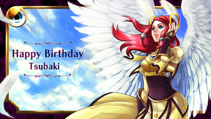 angel_wings arc_system_works bangs blazblue blazblue:_continuum_shift blue_eyes feathers female halo happy_birthday head_wings headwings long_hair official_art outdoors red_hair sky solo tsubaki_yayoi wings