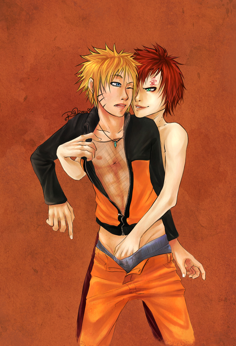 2boys artist_request blonde_hair blue_eyes blush fishnet_shirt fishnets gaara green_eyes handjob jewelry lingerie looking_back male male_focus multiple_boys naruto necklace nipples open_clothes open_mouth open_shirt pants penis red_hair shirt short_hair simple_background standing tattoo underwear uzumaki_naruto wink yaoi