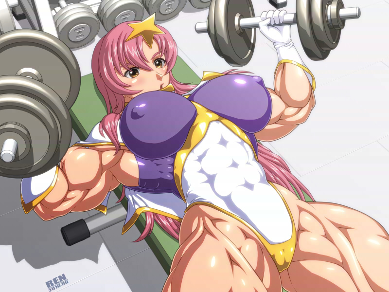 1girl abs athletic barbell breasts cameltoe cosplay dumbbell extreme_muscles female fit gundam gundam_seed gundam_seed_destiny huge_breasts lifting lying masami meer_campbell muscle muscles muscular muscular_female orange_eyes pink_hair ren_(tainca2000) rentb skin_tight weight_lifting weightlifting weights working_out workout