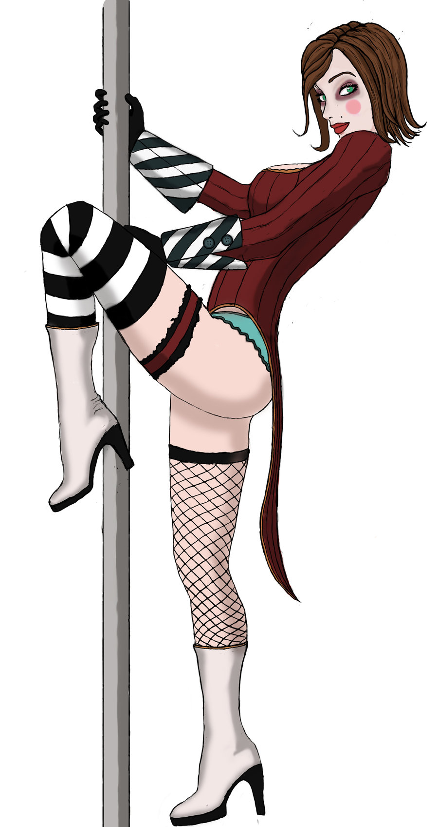 blue_panties borderlands coat green_eyes mad_moxxi panties pole striped_thighhighs