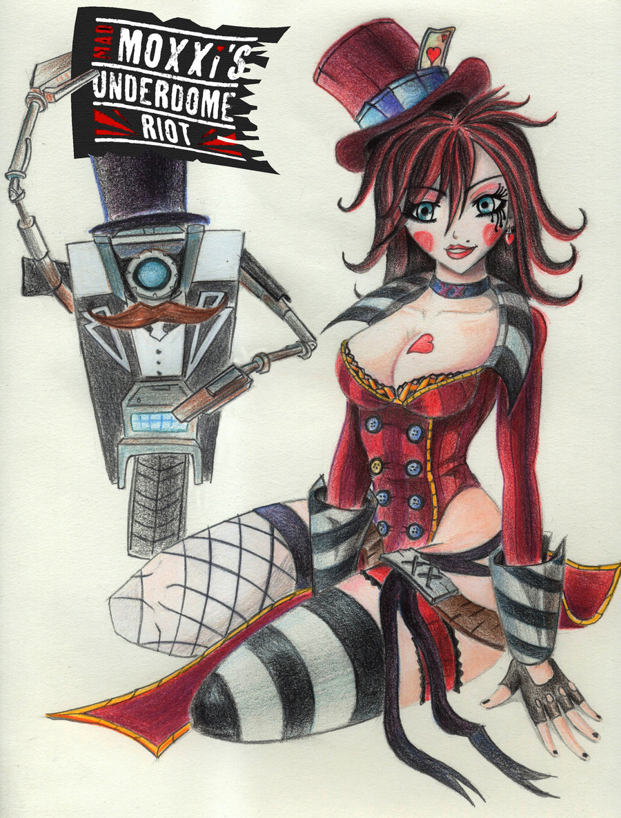 borderlands choker cleavage coat earrings fingerless_gloves mad_moxxi sitting smile striped_thighhighs tattoo thighhighs top_hat