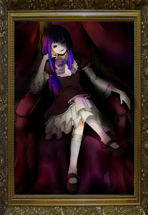 1girl blue_hair dress frame frederica_bernkastel long_hair portrait purple_eyes ribbon sitting solo throne umineko_no_naku_koro_ni