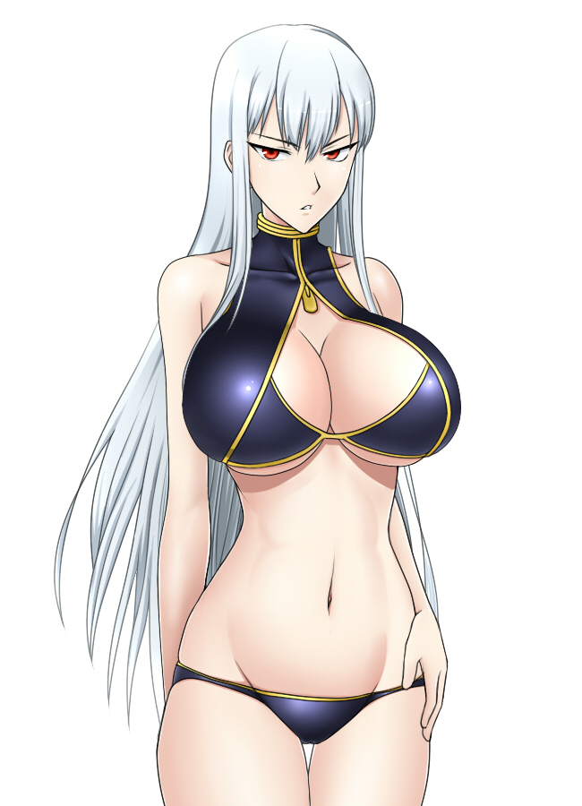 :o albino bare_shoulders breasts cleavage cleavage_cutout groin hand_on_hip large_breasts long_hair navel red_eyes selvaria_bles senjou_no_valkyria solo swimsuit white_hair