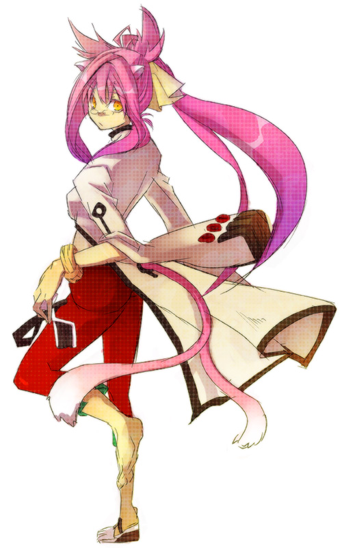 animal_ears arc_system_works barefoot blazblue bracelet cat_ears cat_tail feet female full_body glasses jewelry kokonoe labcoat long_hair looking_back multiple_tails noran orange_eyes pants pink_hair ponytail ribbon simple_background solo tail white_background yellow_ribbon