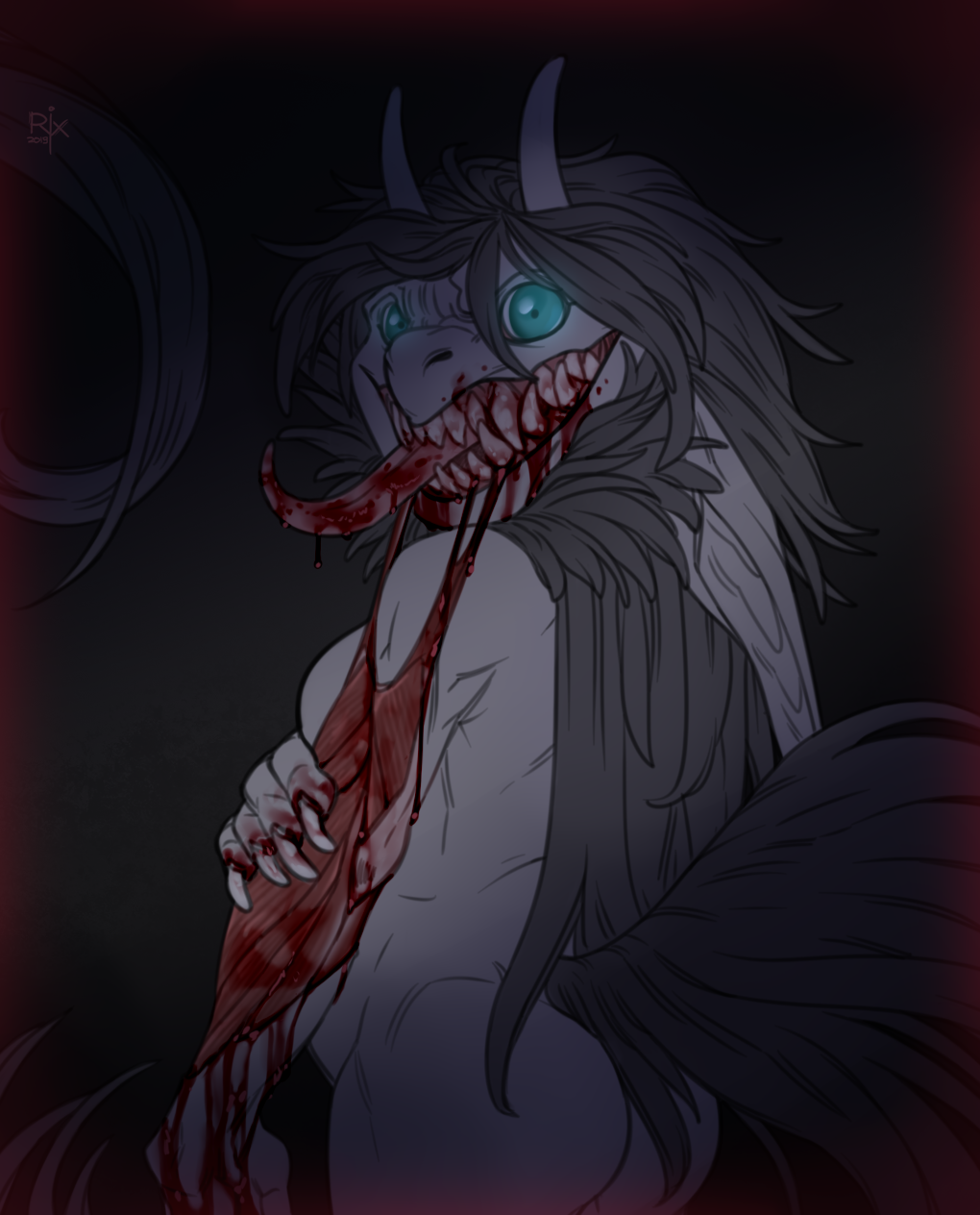 2019 ambiguous_gender anthro artist_logo blood blood_from_mouth blood_in_mouth blood_on_arm blood_on_teeth blood_on_tongue blue_eyes bodily_fluids claws dated ears_back exposed_muscle fangs finger_claws glistening glistening_eyes gore grey_body grey_claws grey_hair grey_horn grey_tail grin hair half-length_portrait hi_res horn insane logo long_hair long_tongue looking_at_viewer nightmare_fuel nude pivoted_ears portrait pupils riorix self_harm simple_background skinning small_pupils smile solo teeth tongue tongue_out wide_eyed