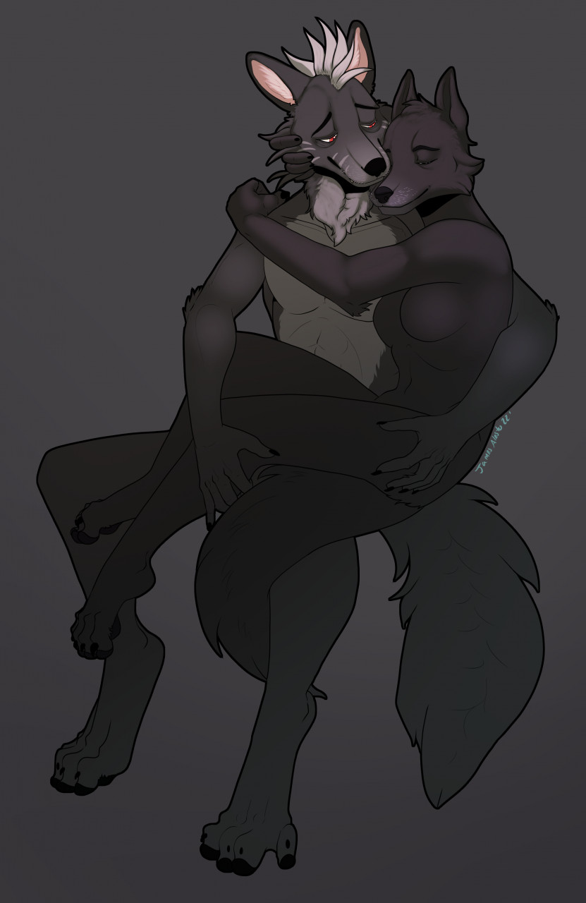 2022 4_toes 5_fingers abs anthro arm_around_partner black_nose breasts canid canine canis celestina digitigrade duo embrace eyes_closed featureless_breasts feet female fingers fluffy fluffy_tail fur grey_body grey_fur grey_muzzle hand_on_face hand_on_leg hand_on_shoulder hand_on_thigh hi_res inner_ear_fluff intraspecies male male/female mammal navel neck_tuft nude nuzzling on_lap pawpads red_eyes romantic romantic_couple simple_background sitting sitting_on_lap tail toes tuft white_body white_fur wolf