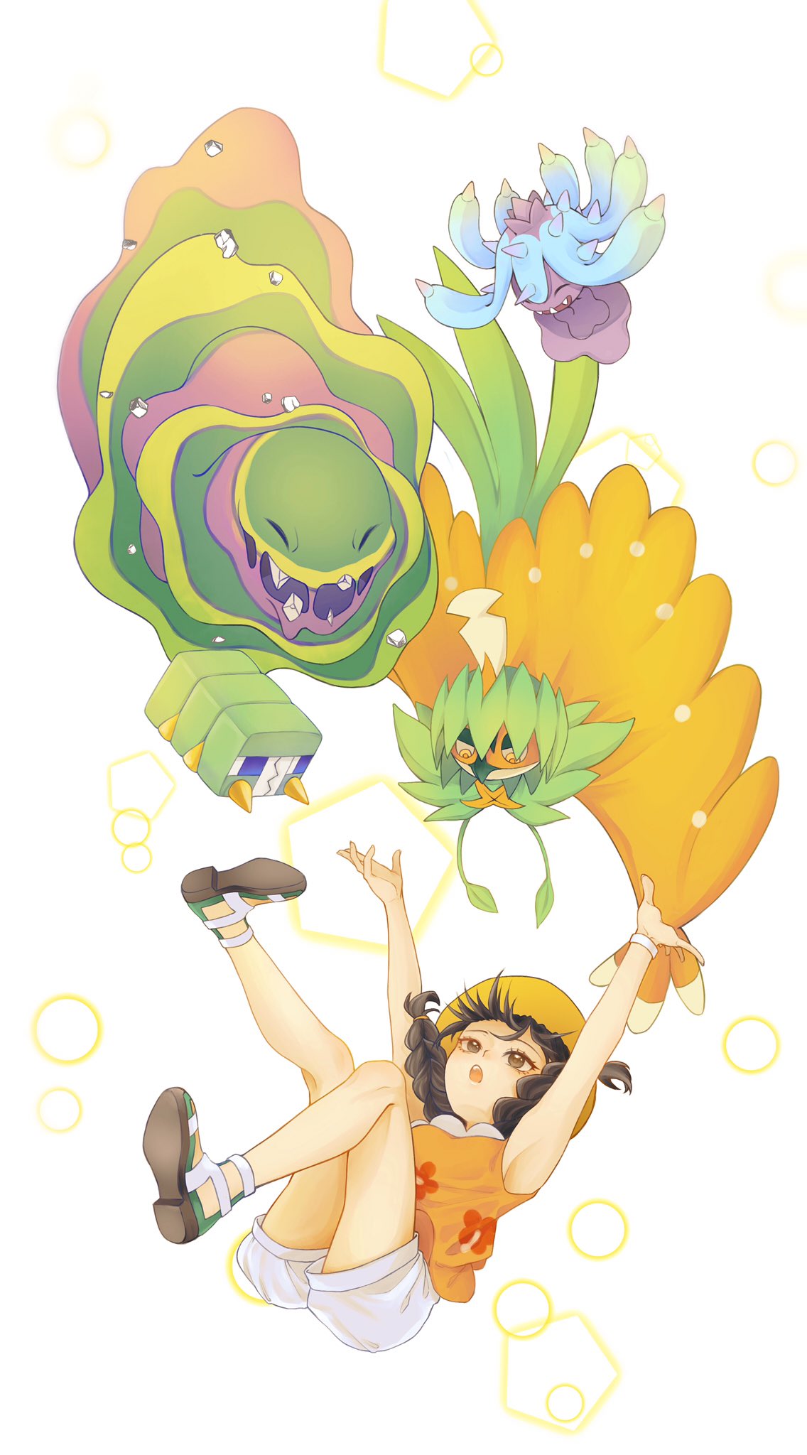 1girl alolan_muk armpits arms_up ayan_ip bangs braid brown_eyes brown_hair charjabug commentary_request decidueye eyelashes floral_print hat highres mareanie pokemon pokemon_(creature) pokemon_(game) pokemon_usum selene_(pokemon) shirt shoes shorts sleeveless sleeveless_shirt twin_braids white_background white_shorts