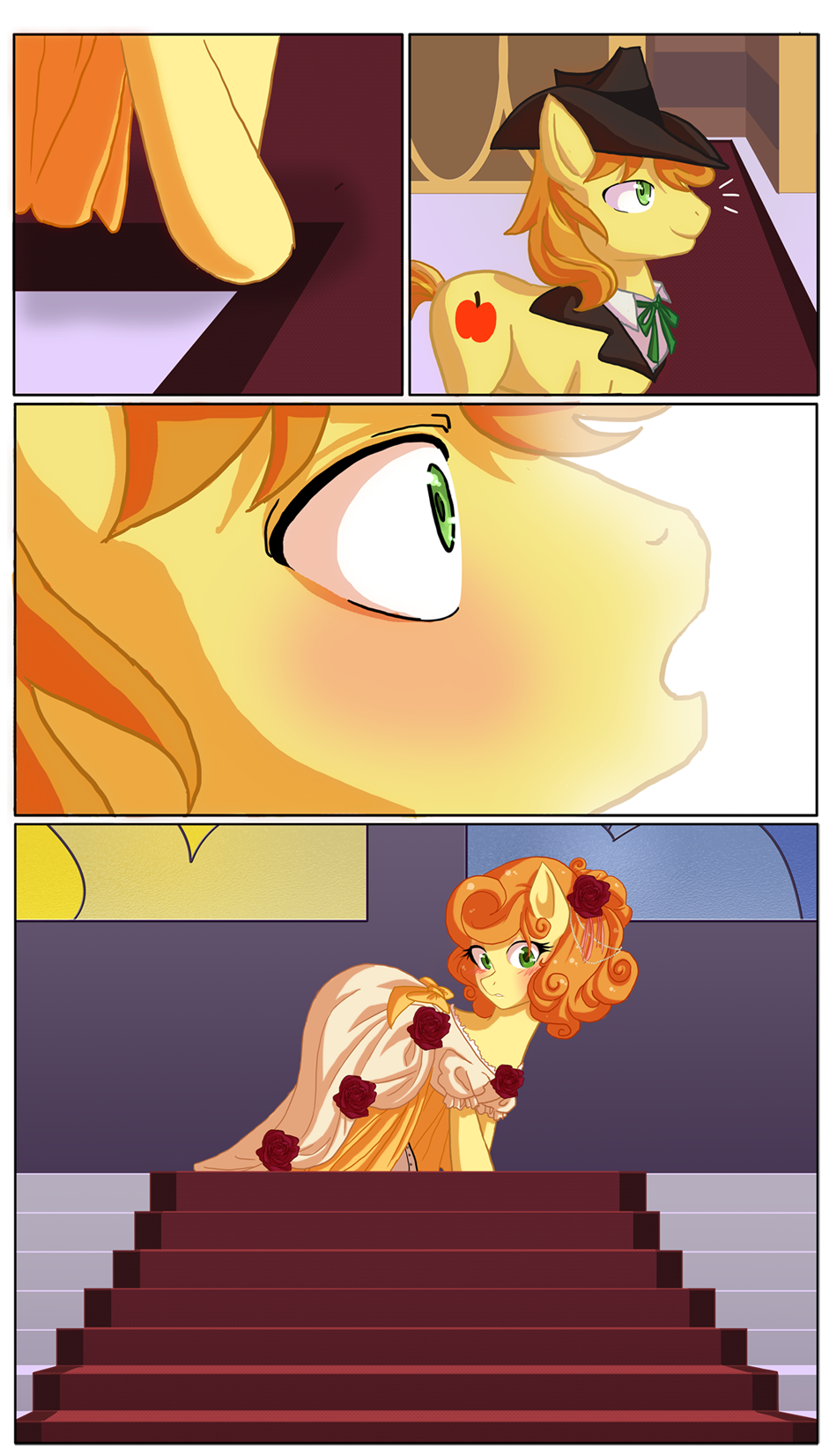 blush braeburn_(mlp) carrot_top_(mlp) clothed clothed_feral clothing cutie_mark dress earth_pony equid equine female feral friendship_is_magic hair hasbro hat headgear headwear hi_res horse male mammal my_little_pony orange_hair pony the-orator yellow_body