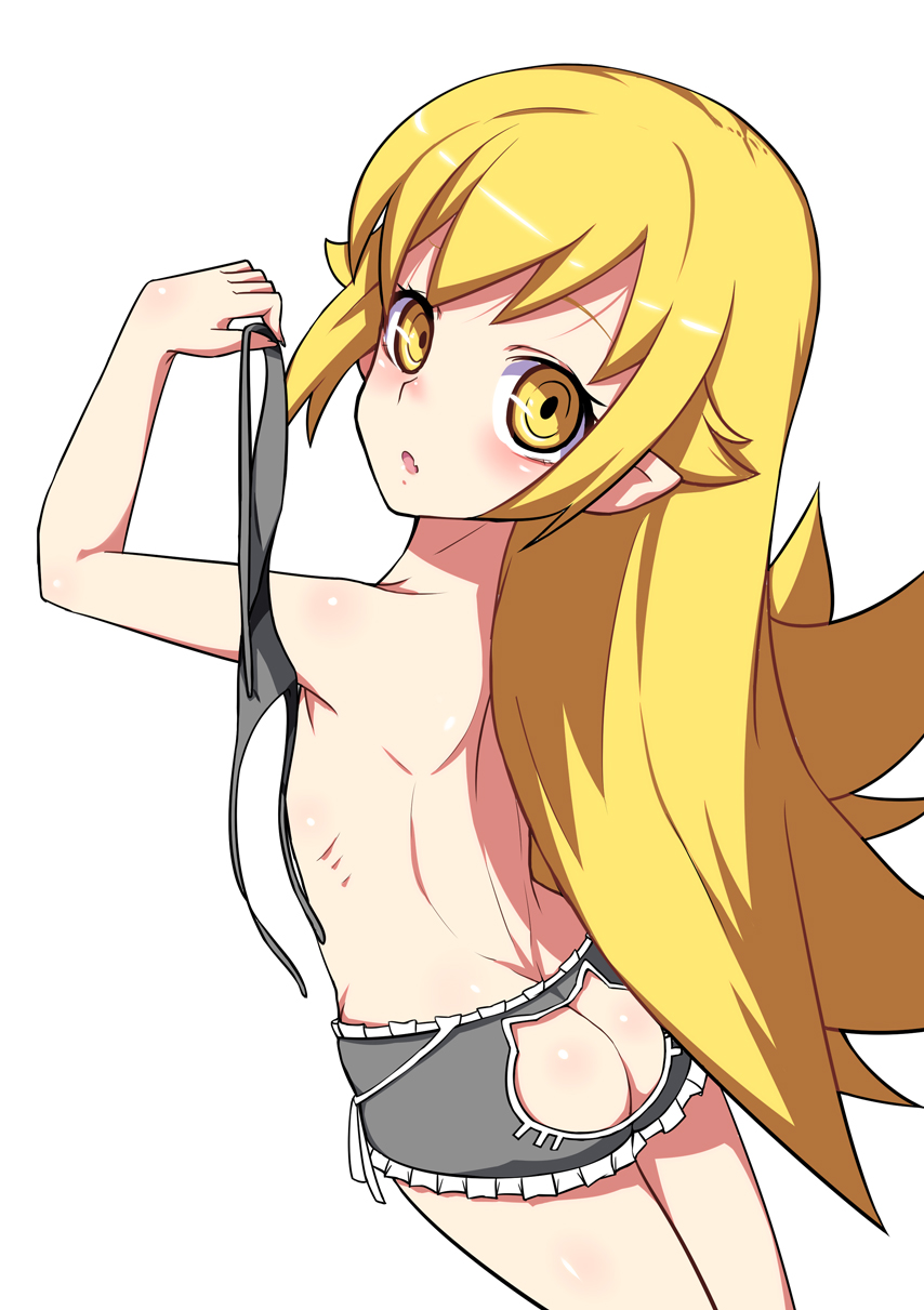 1girl :o armpits ass ass_cutout back bakemonogatari bangs black_bra black_panties blonde_hair blush bra cat_cutout cat_cutout_panties cat_lingerie cleavage_cutout clothes_removed clothing_cutout convenient_censoring fang flat_chest flipped_hair frilled_bra frills from_side hand_up highres holding lens_flare long_hair looking_at_viewer looking_back meme_attire monogatari_(series) nose_blush open_mouth oshino_shinobu panties panties_removed petite pointy_ears ribs short_shorts shorts side-tie_panties solo standing string_panties surprised toko_(tenerezza666) topless underbutt underwear underwear_only untied untied_panties vampire very_long_hair wardrobe_error white_background yellow_eyes you're_doing_it_wrong