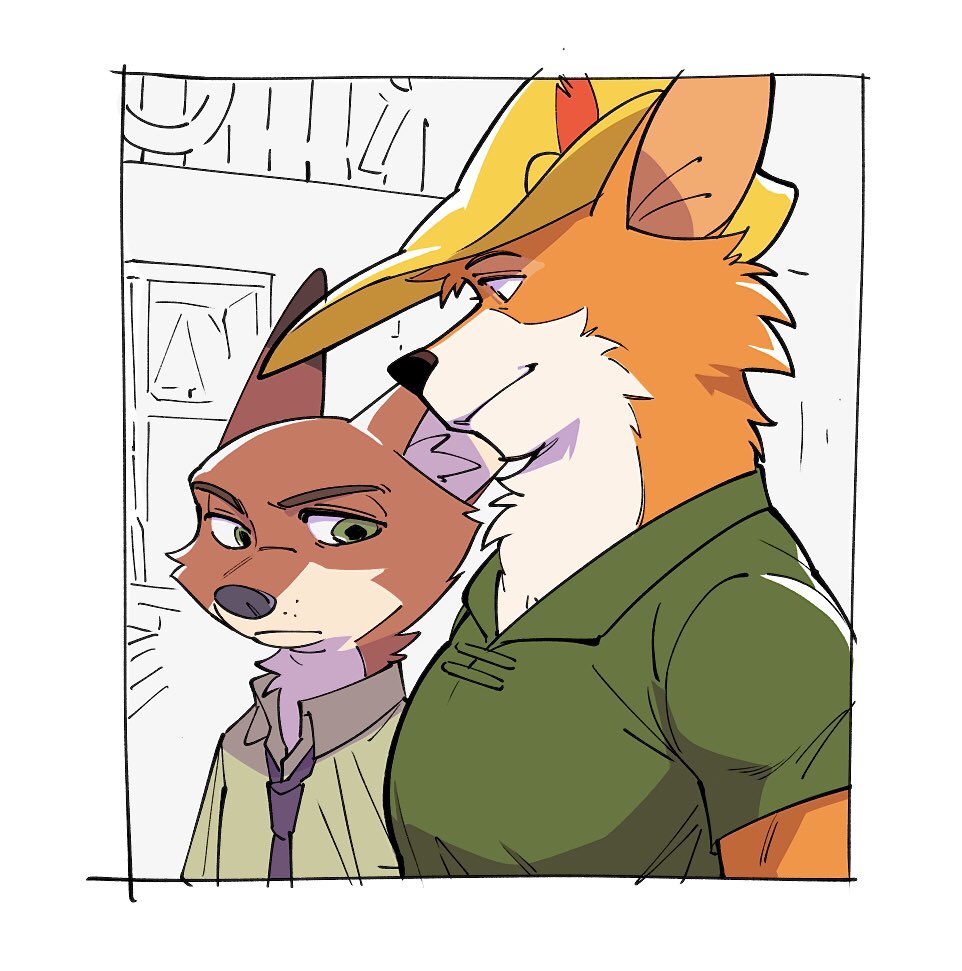 disney fox furry furry_male furry_with_furry looking_at_another looking_at_chest male_focus meme nick_wilde robin_hood_(disney) robin_hood_(disney)_(character) sketch unfinished unfinished_background uochandayo white_background zootopia