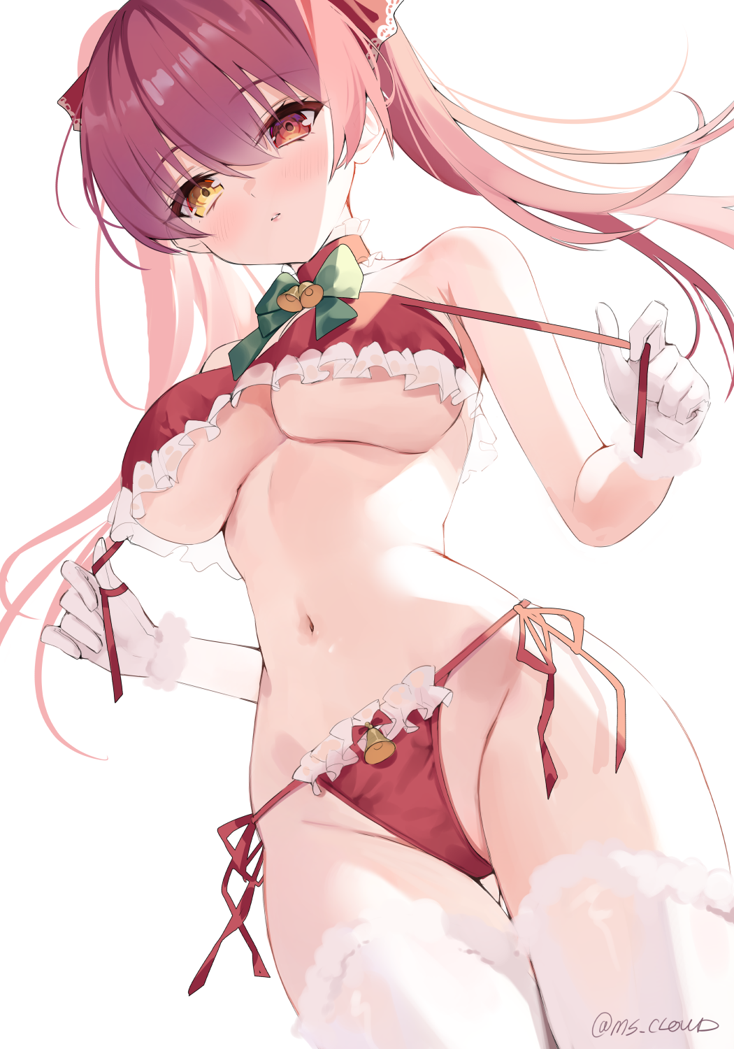 1girl artist_name bangs bare_shoulders bell beyumi bow bow_panties bra breasts choker collarbone cowboy_shot frilled_bra frilled_choker frilled_panties frills gloves green_bow hair_between_eyes heterochromia highleg highleg_panties highres hololive houshou_marine large_breasts long_hair looking_down open_mouth panties parted_lips red_choker red_eyes red_hair red_panties shaded_face side-tie_panties simple_background solo string_panties thigh_gap thighhighs thighs twintails underboob underwear unwrapping virtual_youtuber white_background white_gloves white_thighhighs yellow_eyes