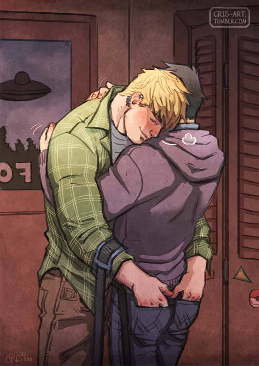2boys alternate_costume bad_id bad_tumblr_id bara black_hair blonde_hair blush breath brown_pants contemporary couple cris_art denim drunk feet_out_of_frame green_shirt hand_in_another's_pocket hand_on_another's_ass hood hoodie hug hulkling indoors jeans leaning_on_person male_focus marvel motion_lines multiple_boys muscular muscular_male nose_blush pants shirt short_hair wiccan yaoi