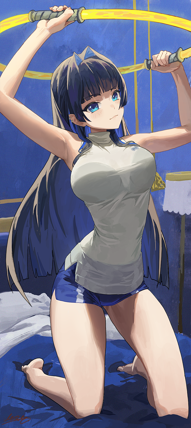 1girl armpits arms_up bangs barefoot bed blue_eyes blue_hair blue_shorts blunt_bangs breasts closed_mouth ear_piercing full_body highres holding hololive hololive_english kneeling large_breasts long_hair looking_at_viewer m.q_(mqkyrie) official_alternate_hair_length official_alternate_hairstyle on_bed ouro_kronii piercing pillow ring_(ring_fit_adventure) ring_fit_adventure shirt short_shorts shorts sleeveless sleeveless_shirt solo thighs turtleneck very_long_hair virtual_youtuber white_shirt