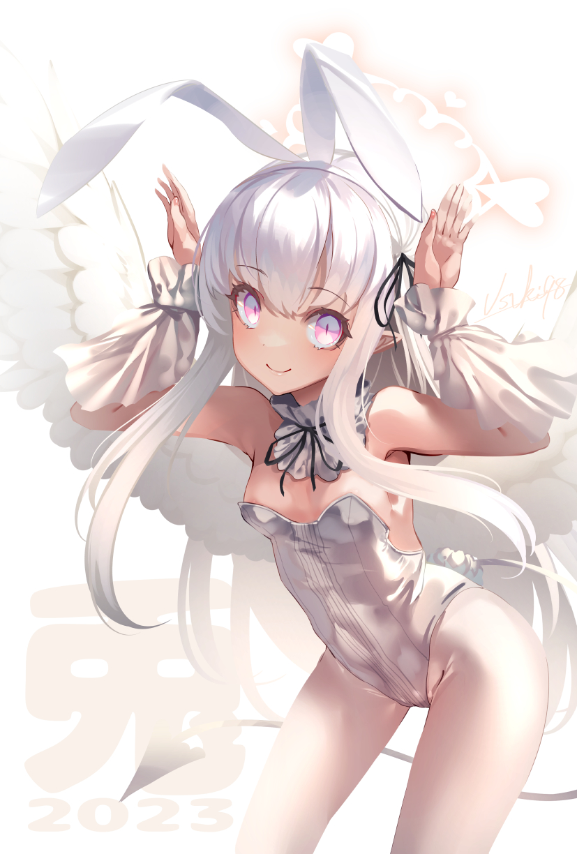 1girl animal_ears bare_shoulders breasts detached_collar fake_animal_ears feathered_wings halo highres long_hair looking_at_viewer original pantyhose playboy_bunny pointy_ears purple_eyes rabbit_ears small_breasts smile usuki_(graygreed) white_hair white_pantyhose white_wings wings