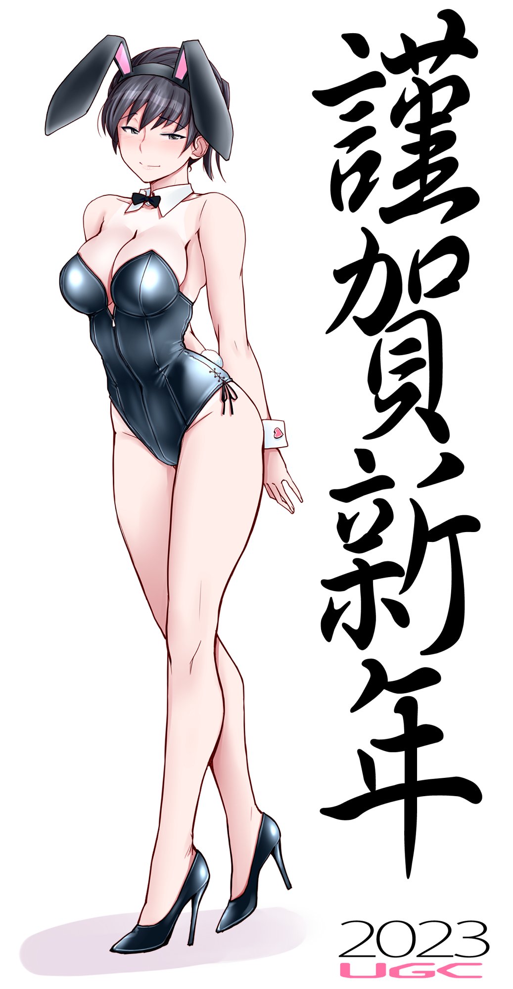 1girl 2023 alternate_costume amagami animal_ears arms_behind_back bangs bare_legs bare_shoulders black_hair black_leotard blush bow bowtie breasts chinese_zodiac cleavage closed_mouth commentary_request detached_collar fake_animal_ears full_body high_heels highres large_breasts legs leotard looking_at_viewer playboy_bunny rabbit_ears sasaki_akira_(ugc) smile solo standing strapless strapless_leotard tail translation_request tsukahara_hibiki wrist_cuffs year_of_the_rabbit