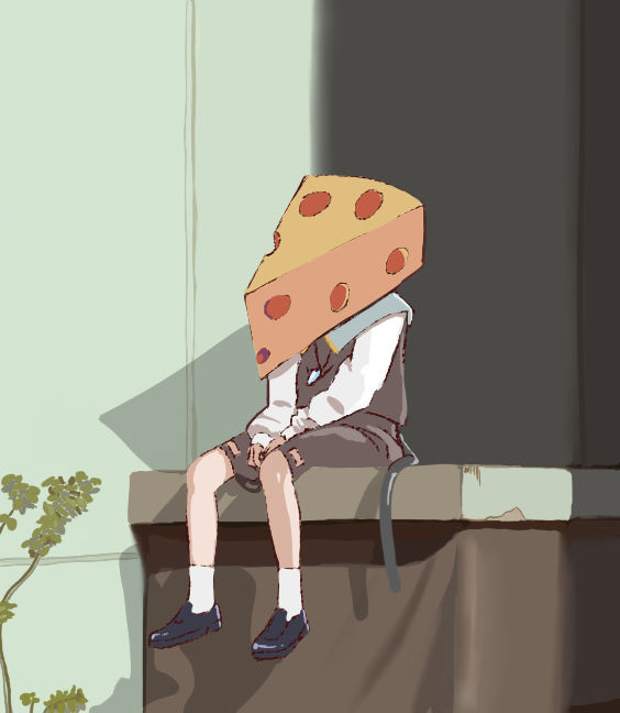 1girl black_footwear cheese commentary crystal food food_on_head full_body grey_skirt grey_vest jewelry loafers long_sleeves mouse_girl mouse_tail nazrin nets_(netsabyss) object_on_head pendant plant shirt shoes sitting skirt socks solo swiss_cheese tail touhou vest white_shirt white_socks
