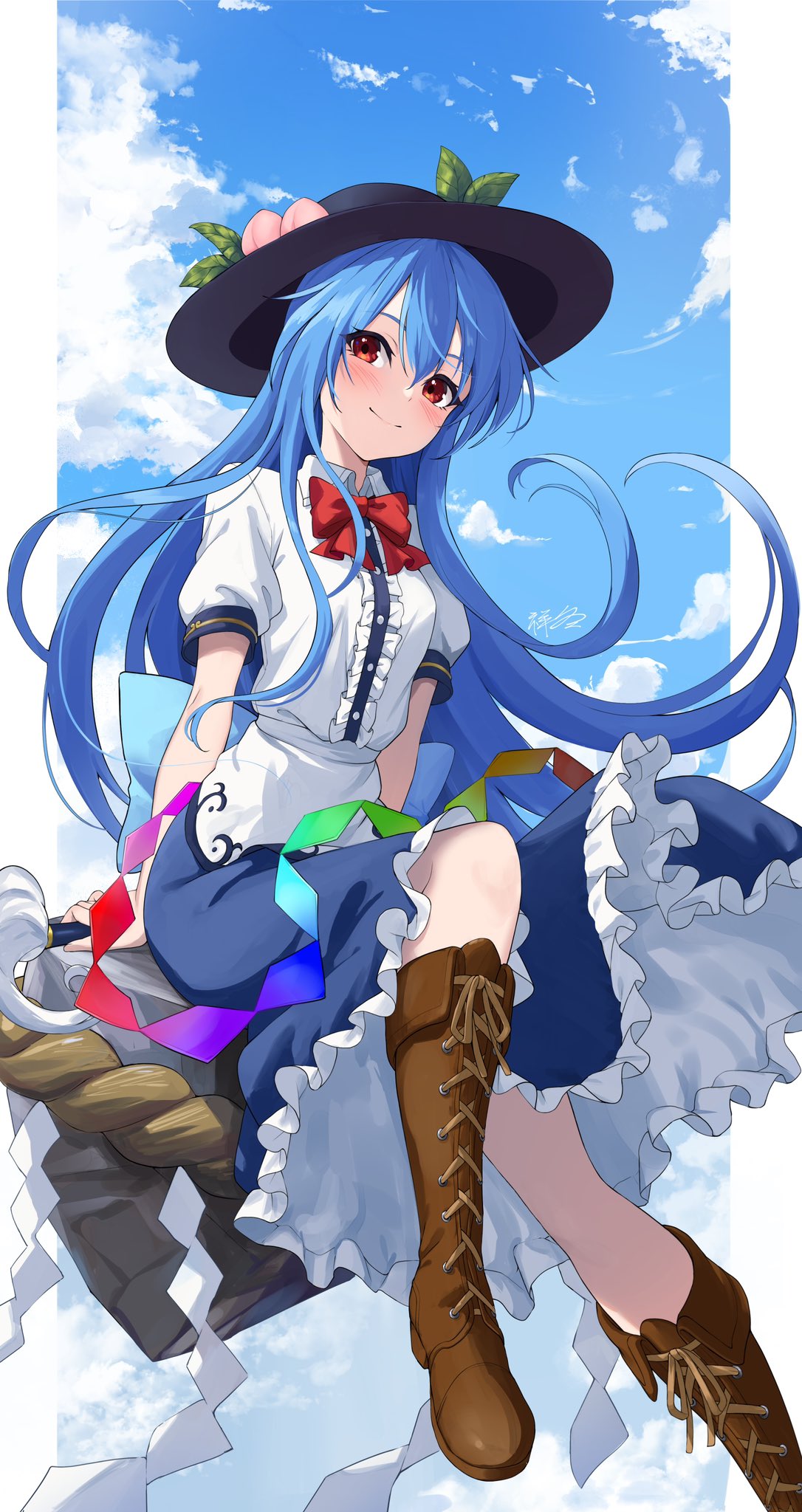 1girl black_headwear blue_hair blue_skirt blue_sky bow bowtie brown_footwear center_frills closed_mouth cloud cross-laced_footwear food frills fruit full_body highres hinanawi_tenshi keystone leaf long_hair looking_at_viewer outdoors peach red_bow red_bowtie red_eyes rope shimenawa shirt short_sleeves sitting skirt sky smile solo sword_of_hisou touhou white_shirt yoshinatsu
