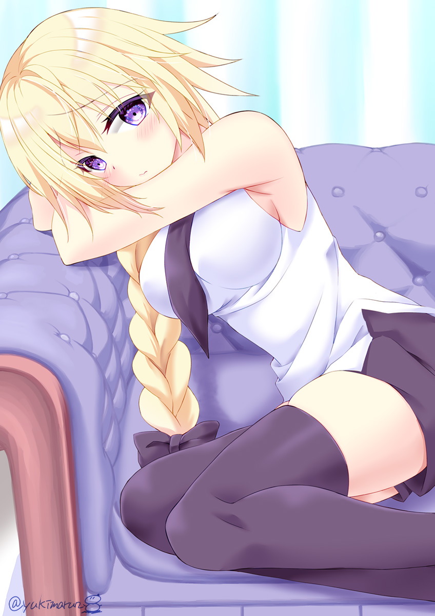 1girl black_bow black_necktie black_skirt black_thighhighs bow braid breasts couch fate/apocrypha fate/grand_order fate_(series) hair_bow highres jeanne_d'arc_(fate) jeanne_d'arc_(girl_from_orleans)_(fate) large_breasts long_braid necktie on_couch purple_eyes shirt skirt sleeveless solo tamagawa_yukimaru thighhighs white_shirt