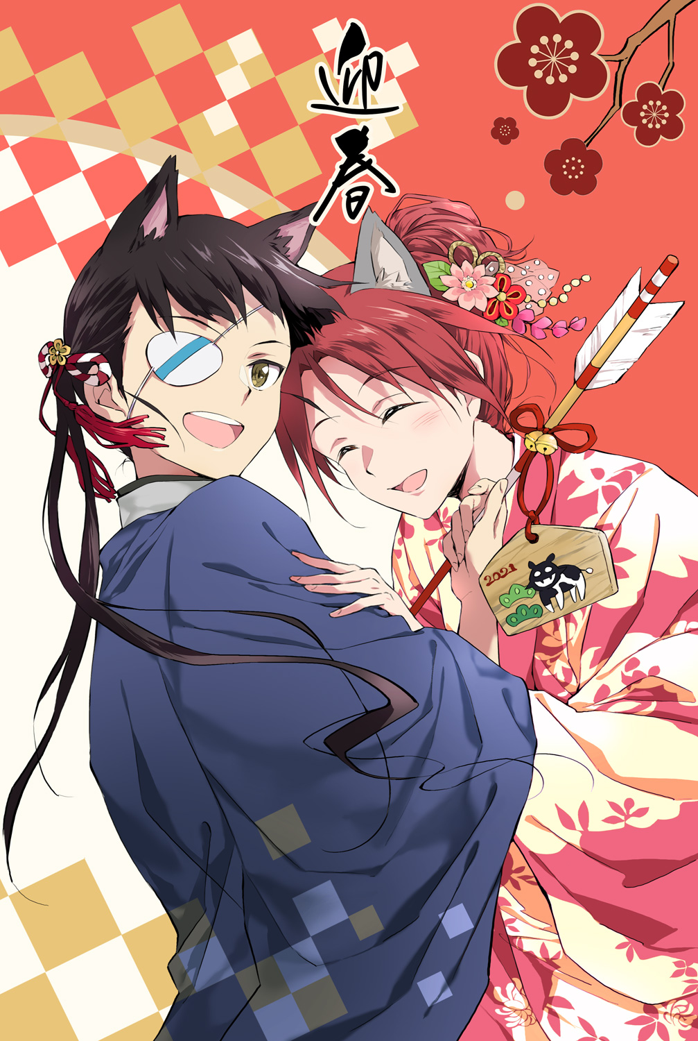 2girls agahari alternate_hairstyle arrow_(projectile) bangs blue_kimono brown_eyes checkered_background closed_eyes commentary dog_tail ema eyepatch flower hair_flower hair_ornament hair_up hamaya highres holding holding_arrow japanese_clothes kimono long_hair long_sleeves looking_at_viewer looking_back minna-dietlinde_wilcke multiple_girls new_year open_mouth pink_kimono ponytail print_kimono sakamoto_mio short_hair silhouette_demon smile standing tail translated wide_sleeves world_witches_series