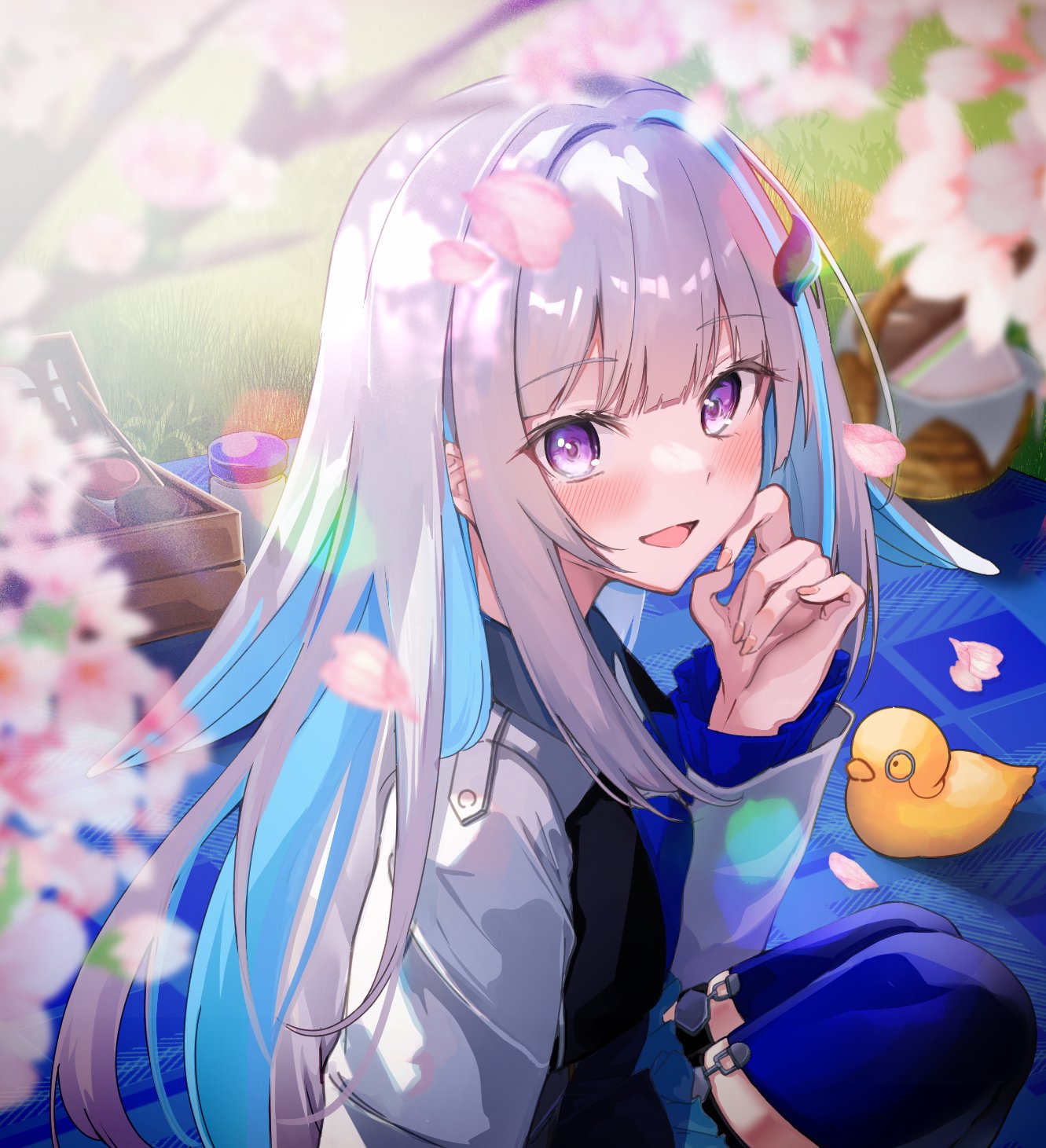 1girl bangs bird blue_carpet blue_hair blue_thighhighs blunt_bangs blurry blush branch cherry_blossoms collared_shirt commentary depth_of_field duck duckling falling_petals food frilled_skirt frilled_sleeves frills hair_flaps hair_intakes hand_on_own_cheek hand_on_own_face highres lize_helesta long_hair long_sleeves looking_at_viewer mika_uni monocle multicolored_hair nijisanji petals picnic_basket purple_eyes sandwich sebastian_piyodore shirt skirt smile soy_sauce_bottle thigh_strap thighhighs virtual_youtuber white_hair