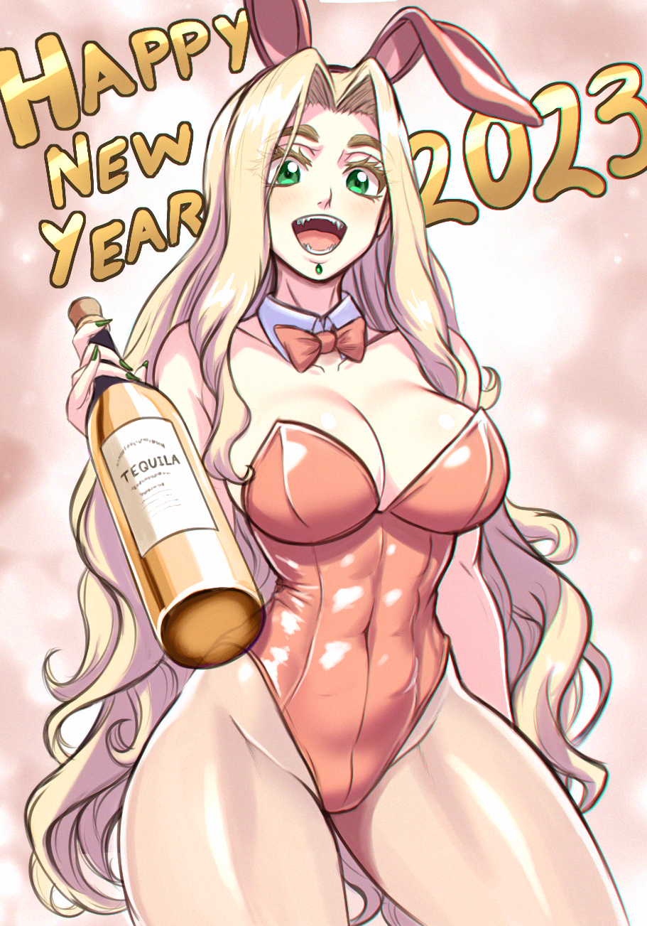 1girl 2023 :d abs alternate_costume animal_ears bare_shoulders blonde_hair bottle bow bowtie breasts chinese_zodiac cleavage collarbone detached_collar english_commentary fake_animal_ears fate/grand_order fate_(series) fingernails green_eyes green_nails happy_new_year highres holding holding_bottle leotard light_blush long_hair nail_polish playboy_bunny quetzalcoatl_(fate) rabbit_ears red_bow red_bowtie red_leotard sharp_fingernails sharp_teeth smile solo strapless strapless_leotard teeth tequila very_long_hair wavy_hair year_of_the_rabbit zantyarz